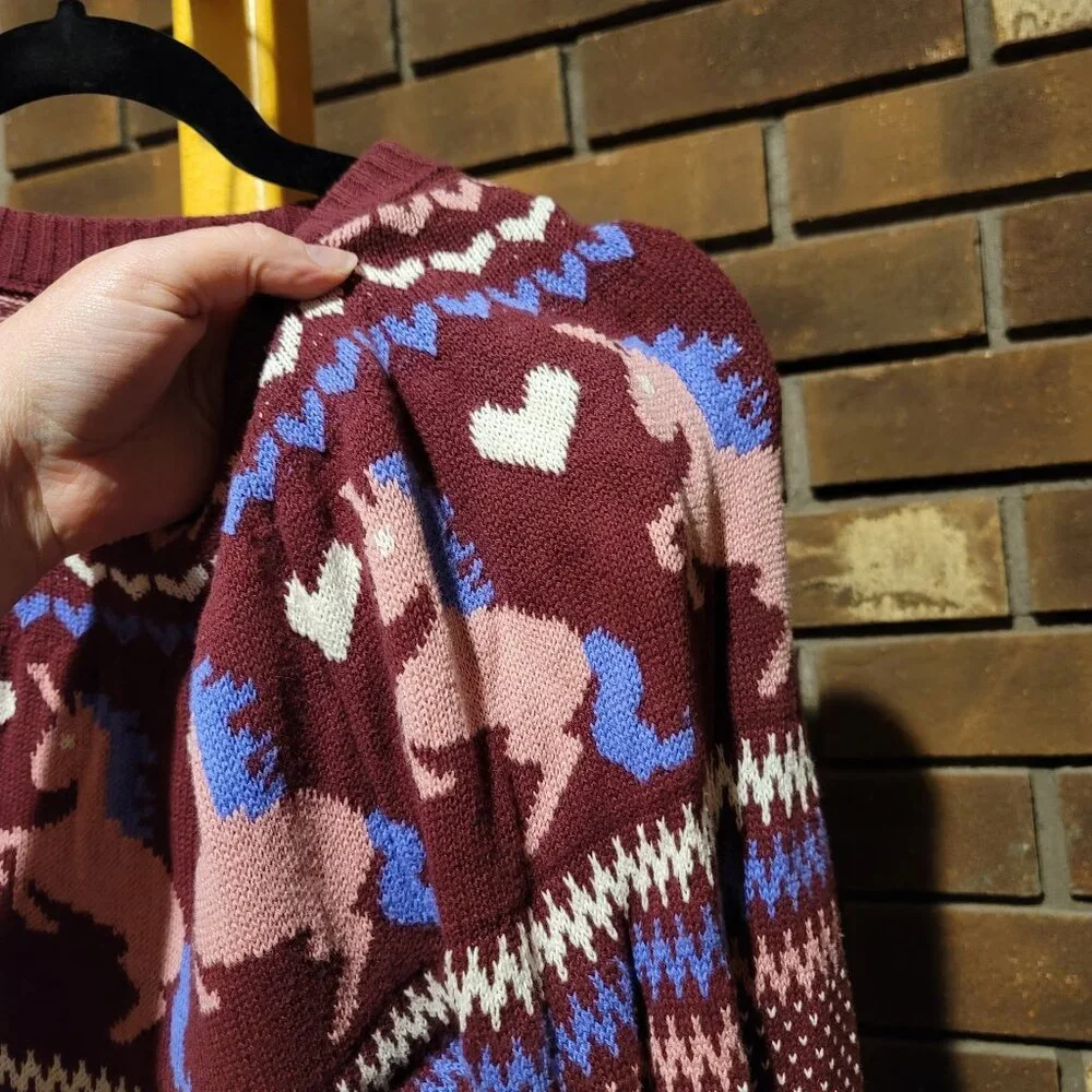 ModCloth Unicorn Heart Fair Isle Sweater Burgundy Knit - Size Small